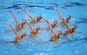 Synchro swimmers in perfect formation